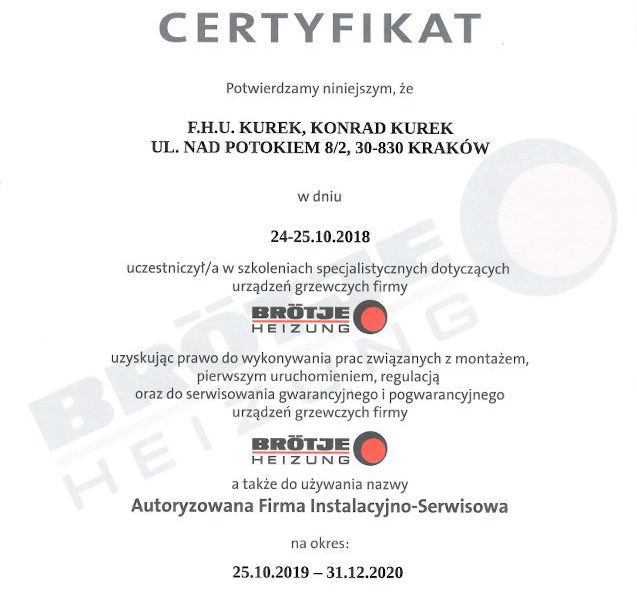 Brotje Certyfikat Serwis 2018-2020