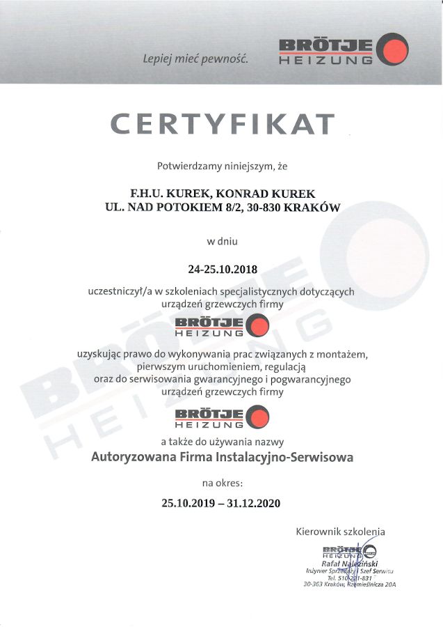 Brotje Certyfikat Serwis 2018-2020