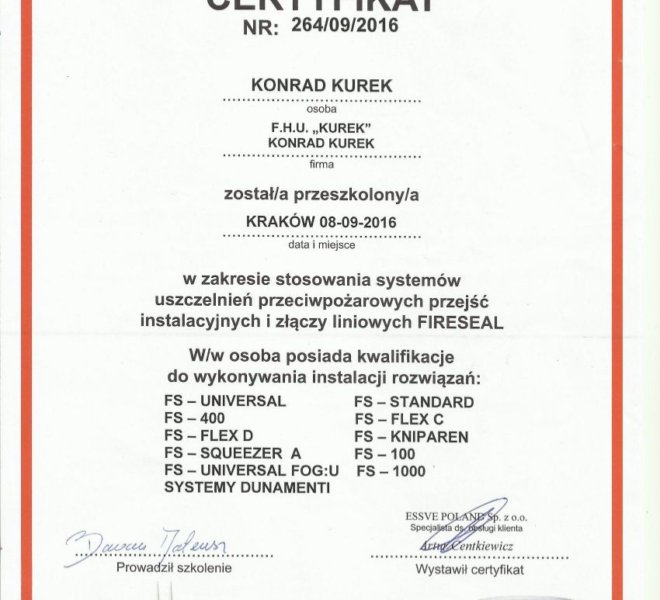 FireSeal certyfikat